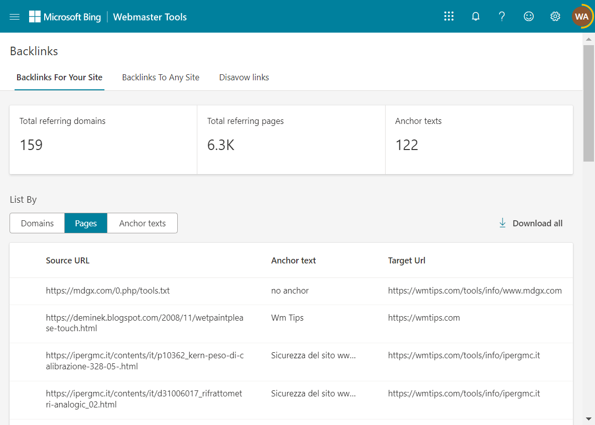 Bing Webmaster Tools Backlinks