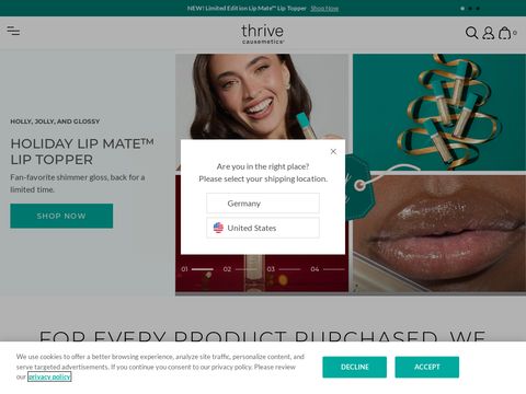 Thrivecausemetics.com website screenshot