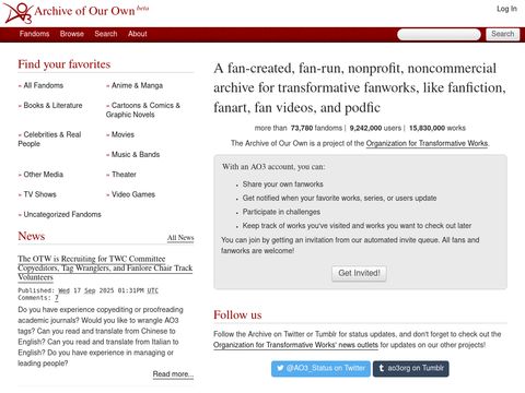 Archiveofourown.org website screenshot